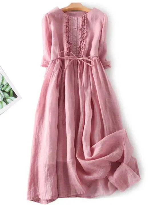 Charly | Women's Ruffled Button Midi Dress with Tie Waist