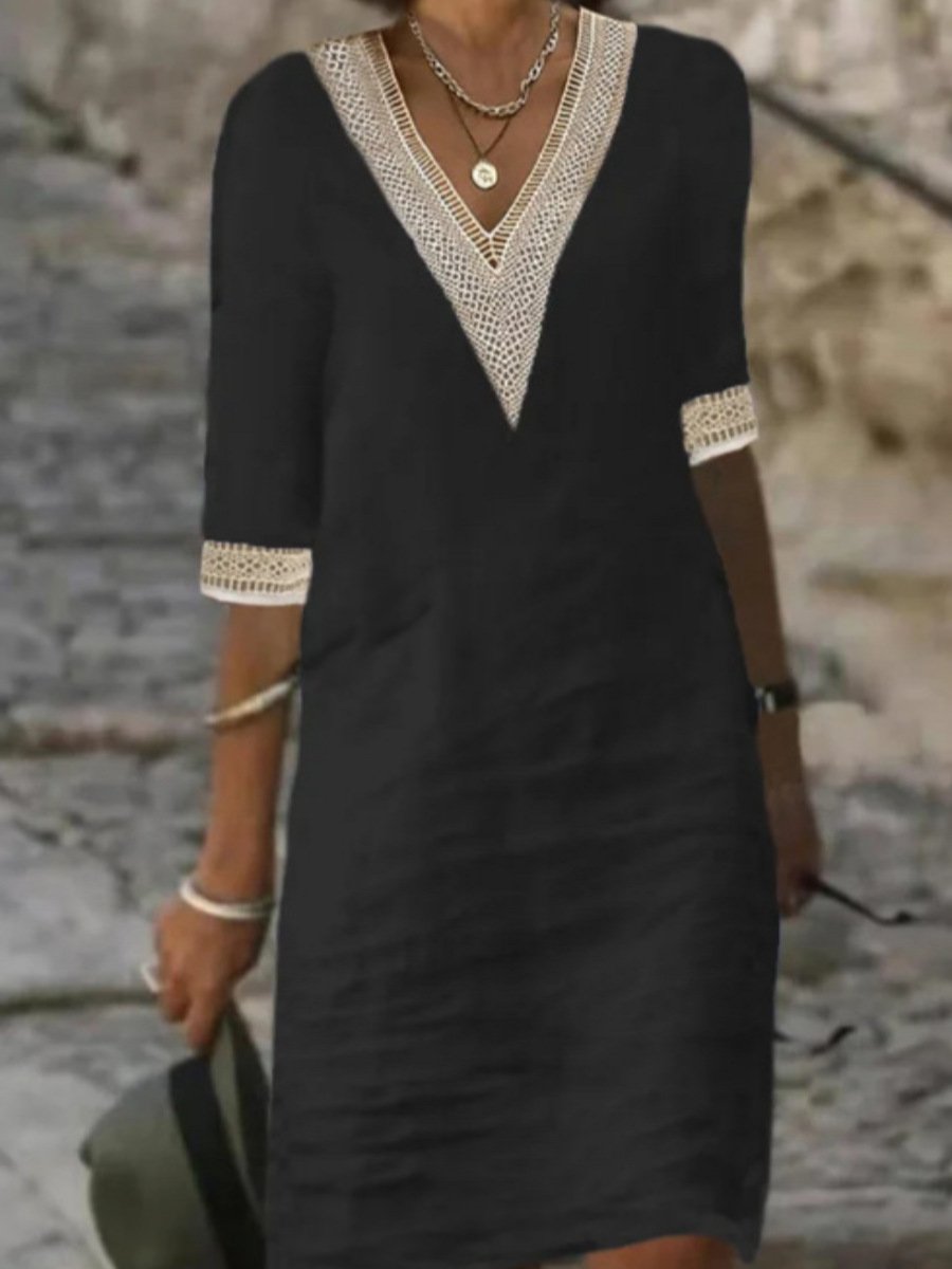 Charly | Women's V-Neck Lace Trim Casual Dress