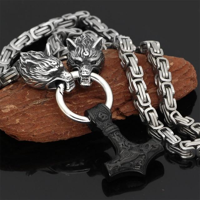 60–90 cm Stainless Steel Double Wolf Head & Mjolnir Survival Spirit Necklace/Bracelet
