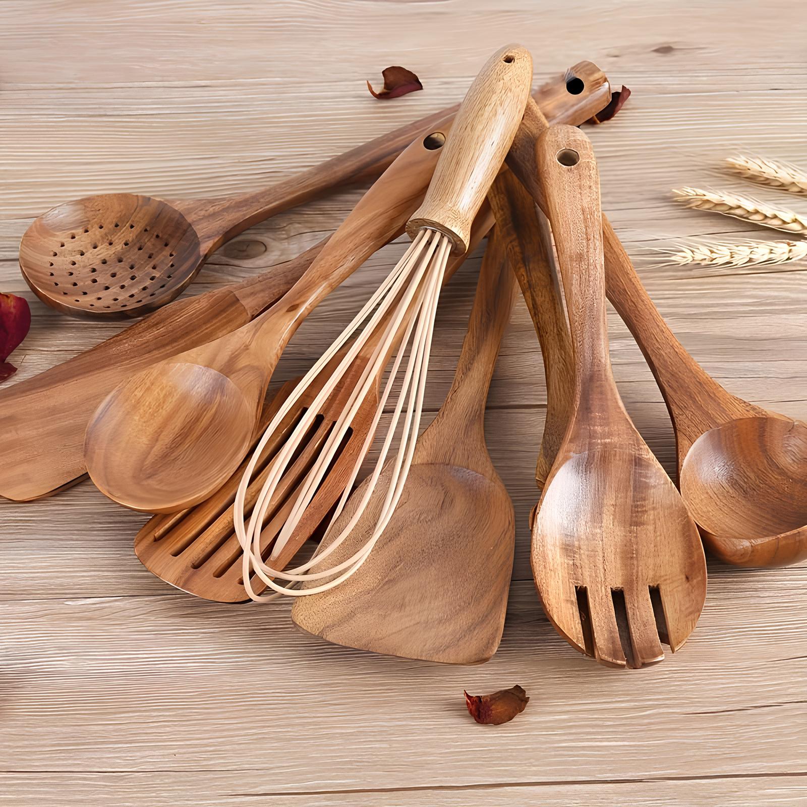 Charly | 11-Piece Teak Kitchen Tool Set | With Holder | Natural Wood