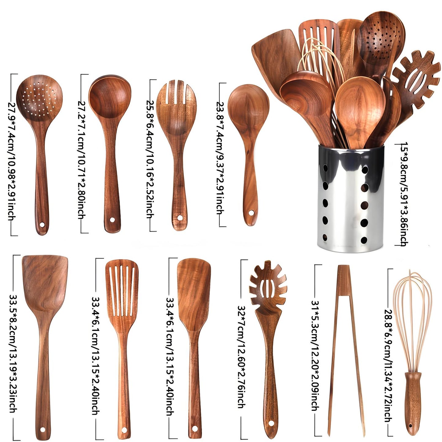 Charly | 11-Piece Teak Kitchen Tool Set | With Holder | Natural Wood