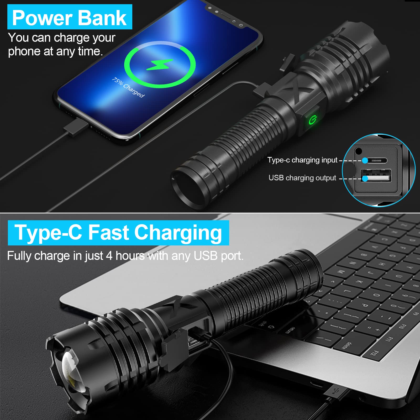 Charly | Banral 100000 lumen rechargeable flashlight, IPX6 waterproof, 5 modes, zoomable, aluminum