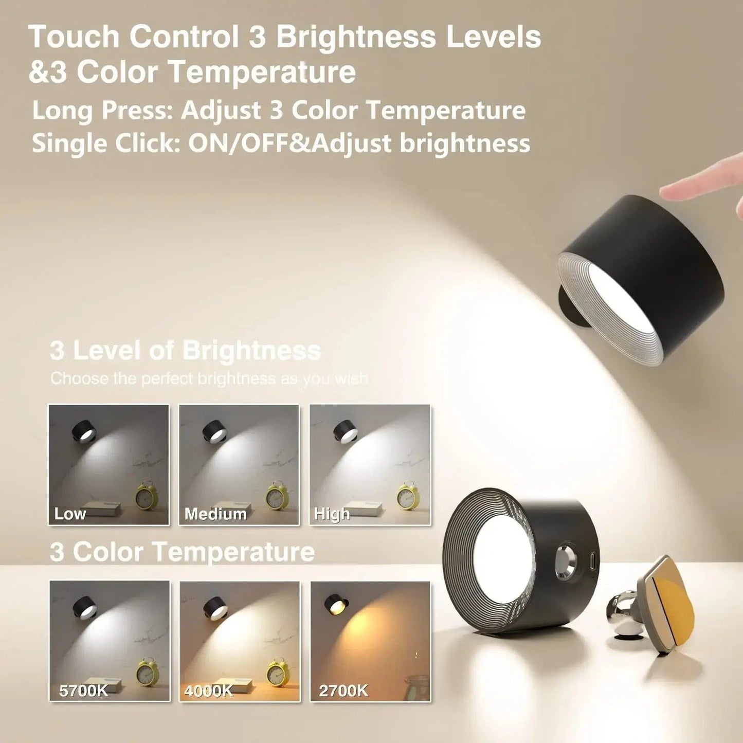 Charly | Battery Powered Wall Lamp | Rechargeable, 360° Adjustable and Wireless for Bedrooms, Hallways, and Reading Corners