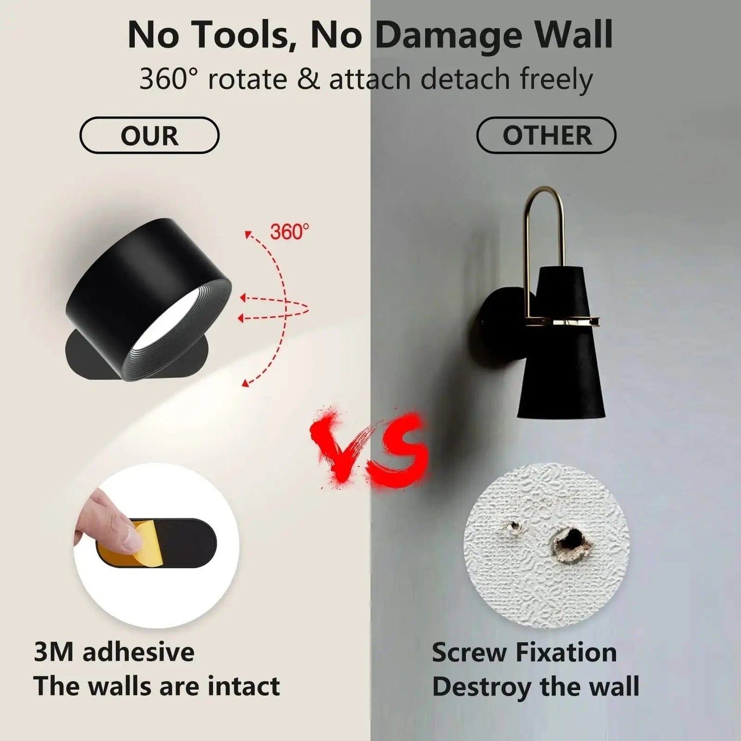 Charly | Battery Powered Wall Lamp | Rechargeable, 360° Adjustable and Wireless for Bedrooms, Hallways, and Reading Corners