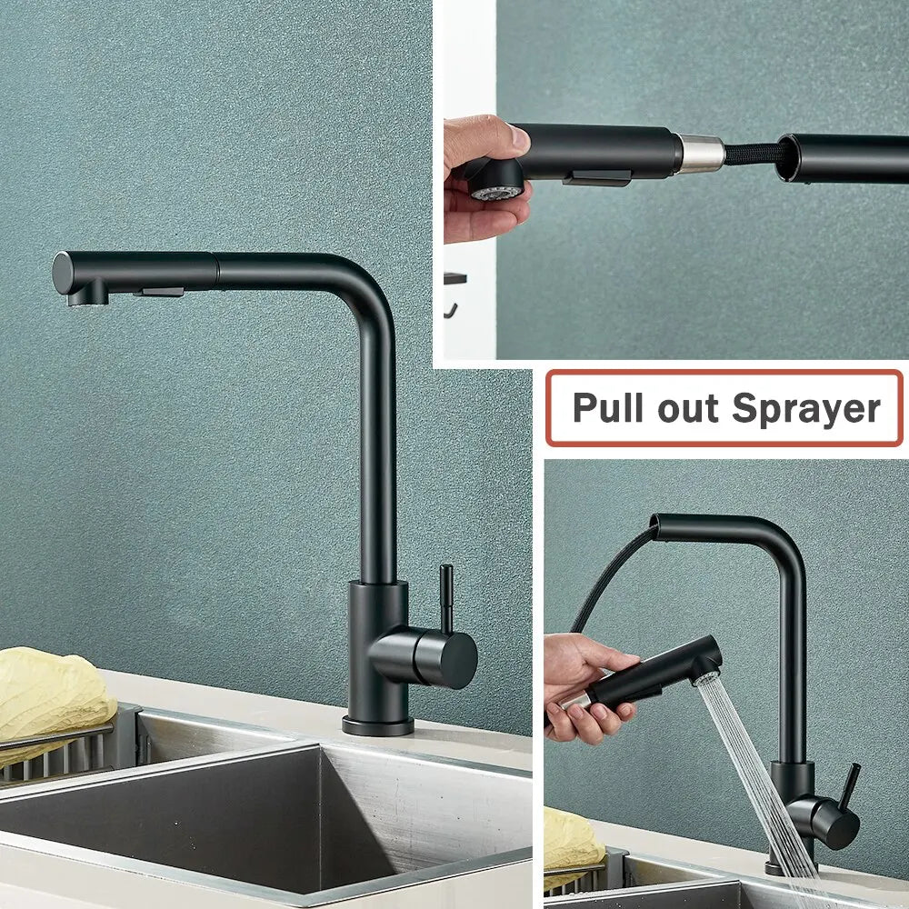 Charly | Black Pull-Out Kitchen Faucet - Flexible 2-Mode Stream and Spray Head, Stainless Steel Hot-Cold Water Mixing Tap