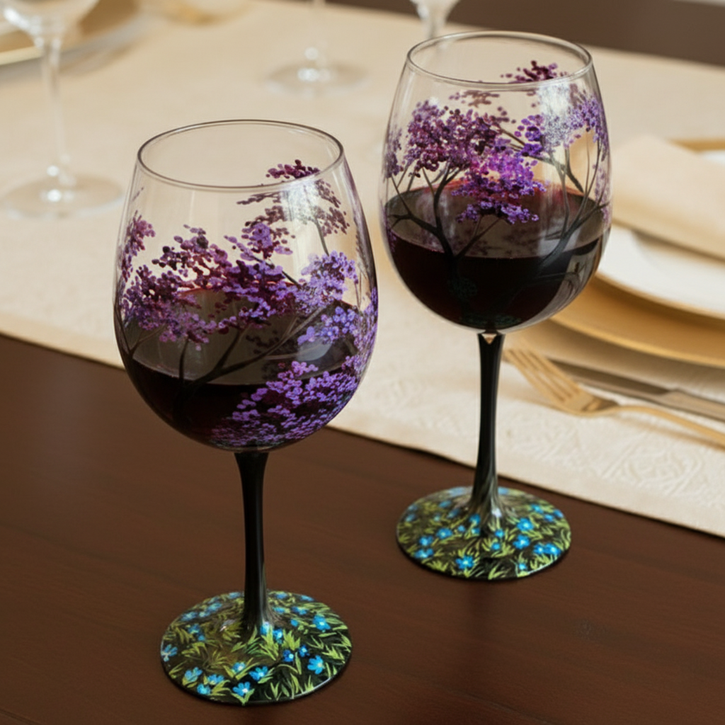 Charly | Hand Painted Four Seasons Tree Wine Glasses | Unique Art