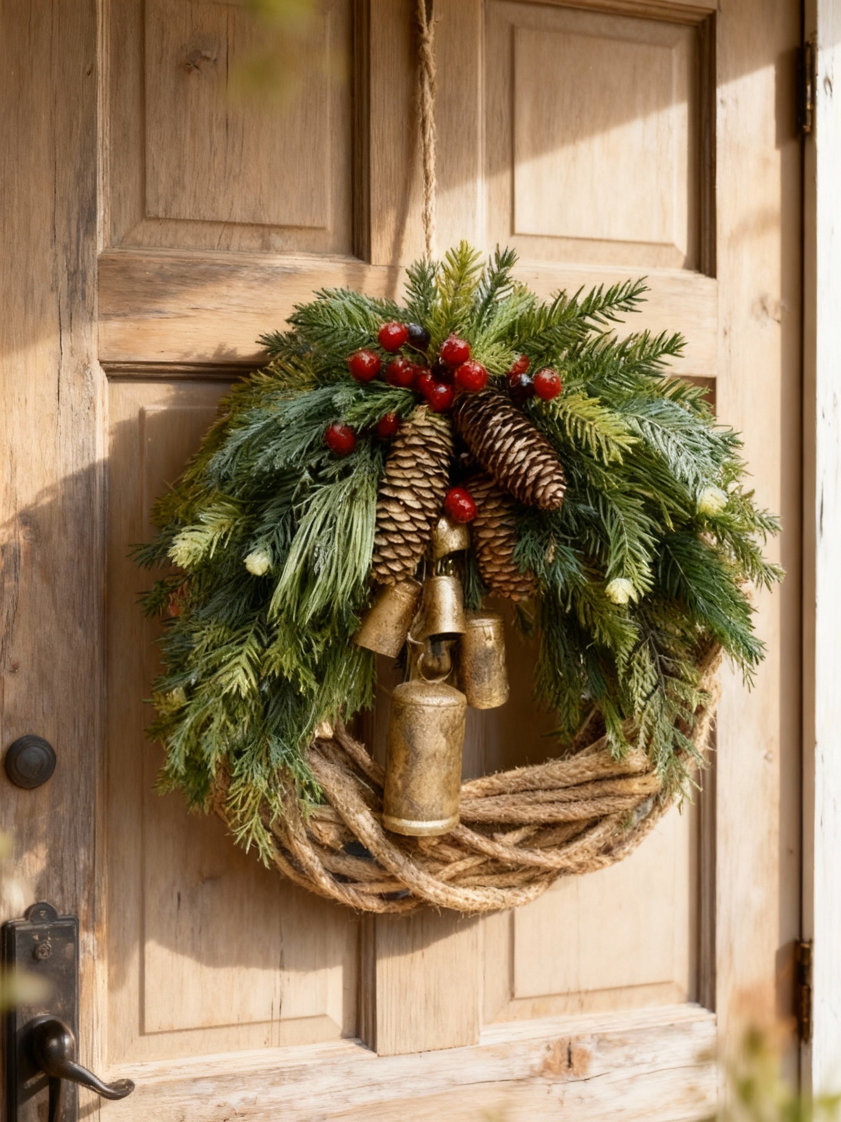 Charly | Handmade Bohemian Winter Wreath | Bells, Pinecones & Berries | 43 cm | Indoor/Outdoor