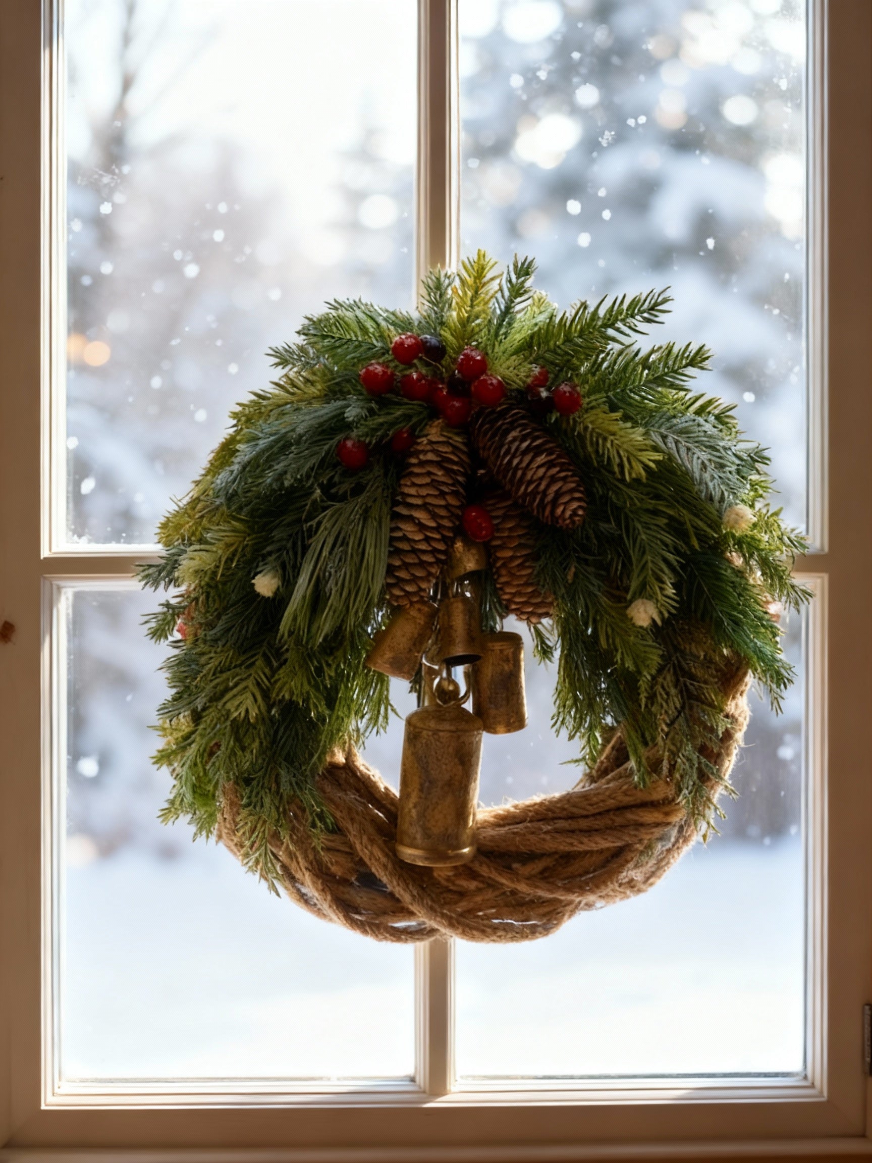 Charly | Handmade Bohemian Winter Wreath | Bells, Pinecones & Berries | 43 cm | Indoor/Outdoor
