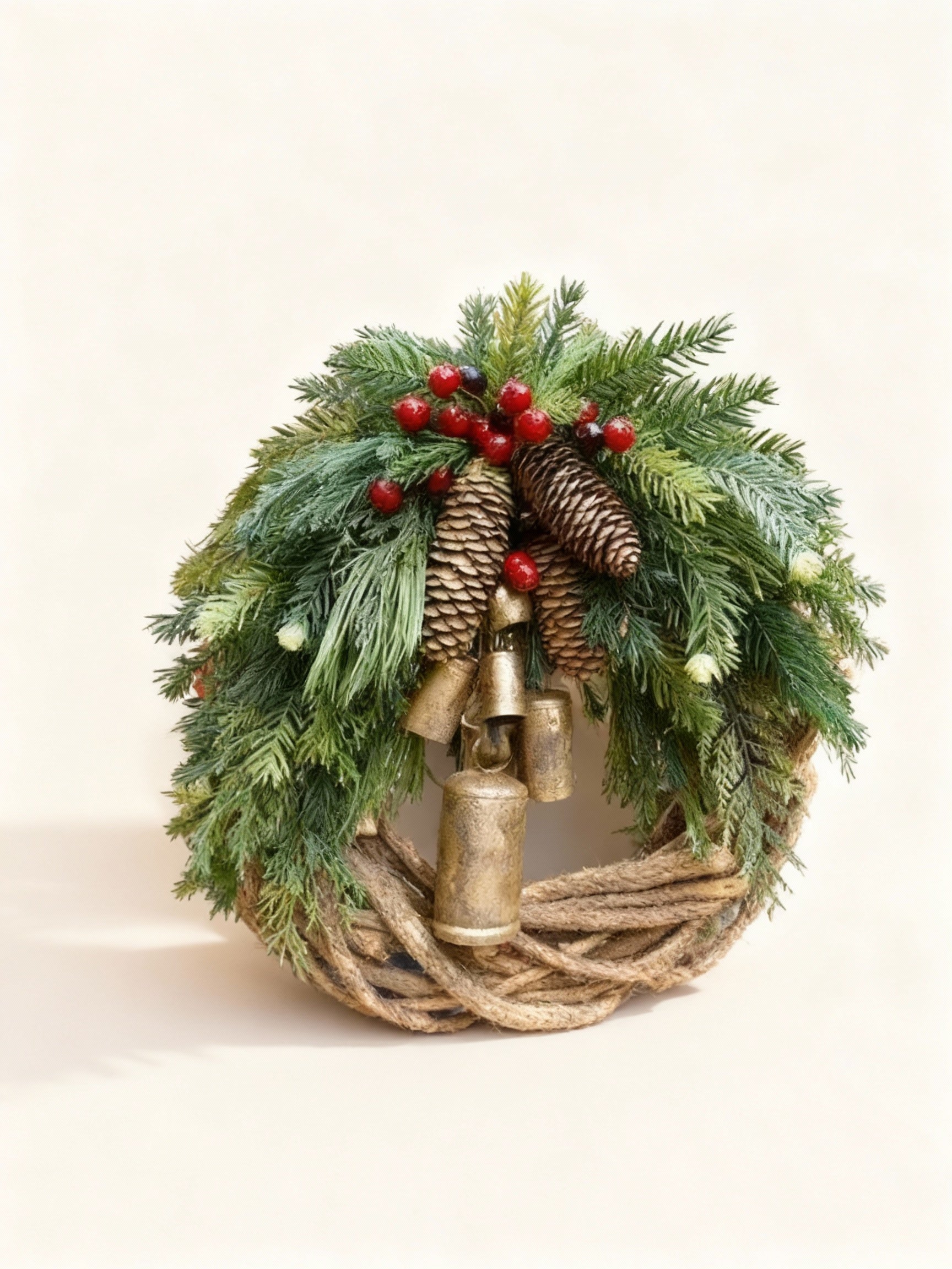 Charly | Handmade Bohemian Winter Wreath | Bells, Pinecones & Berries | 43 cm | Indoor/Outdoor