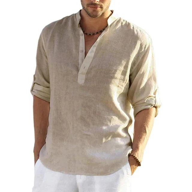 Charly | Men's Band Collar Linen Shirt