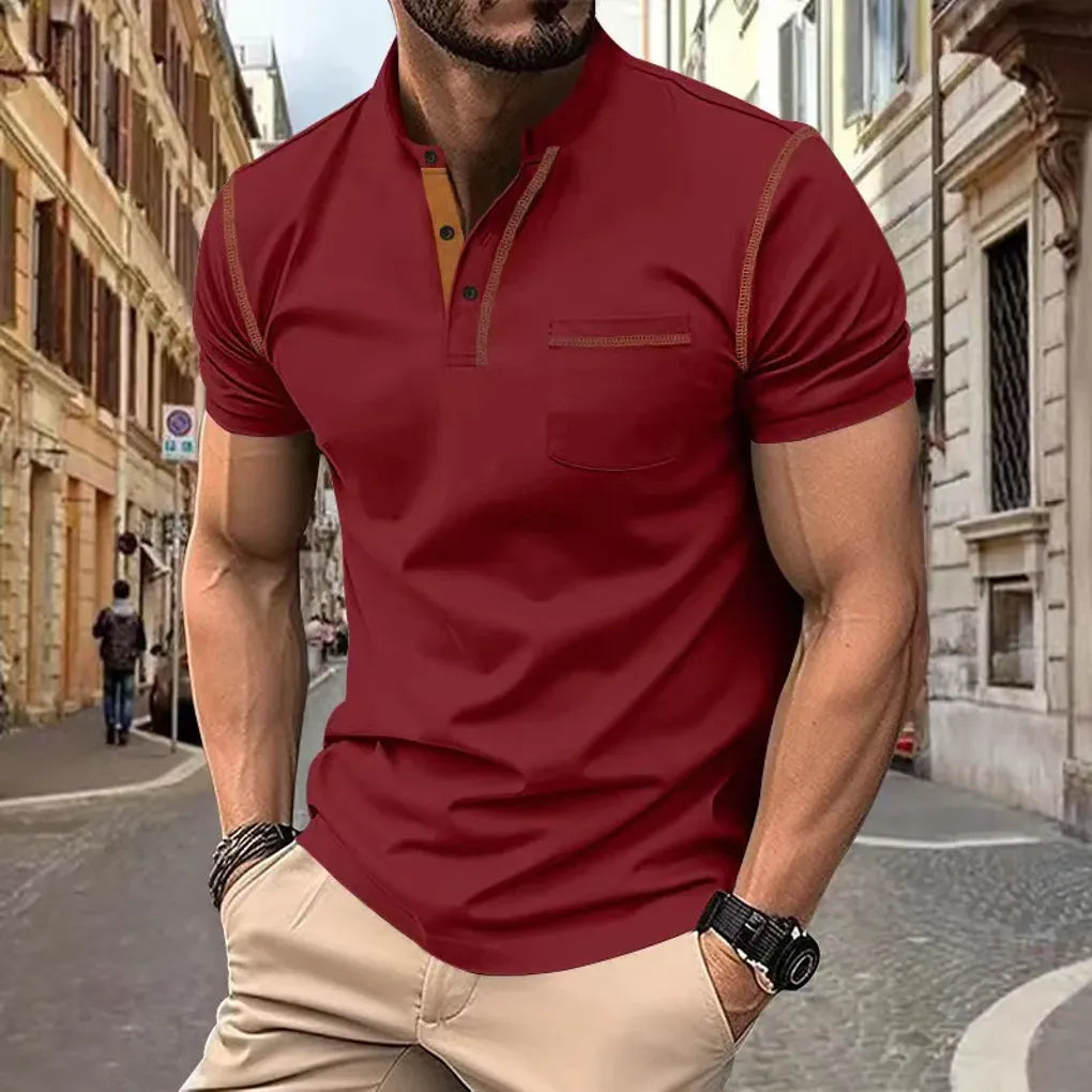Charly | Men's Band Collar Polo Shirt with Contrast Stitching