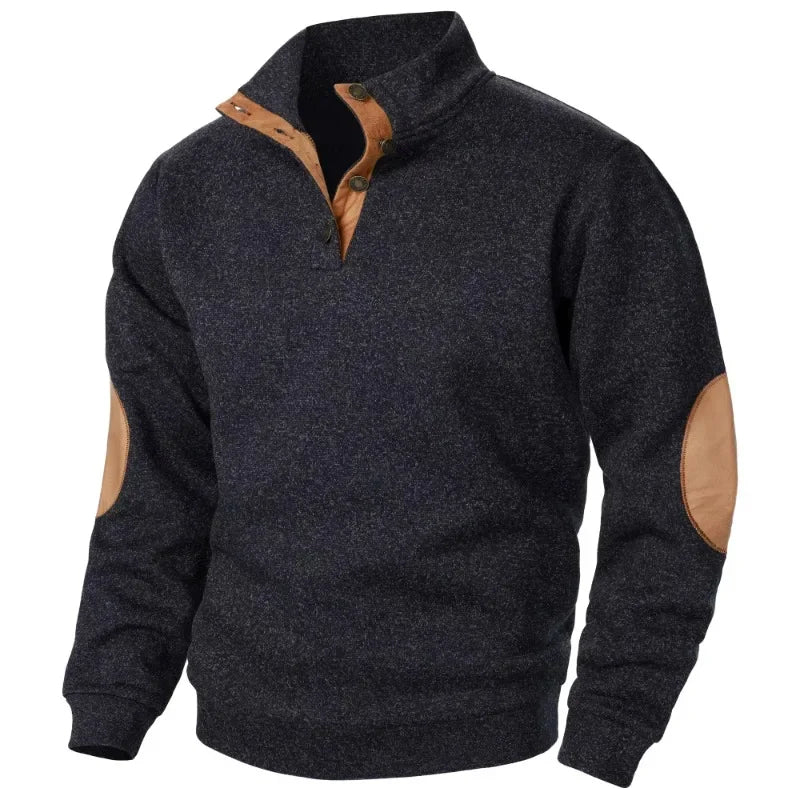 Charly | Men's Button Neck Sweatshirt with Suede Patches