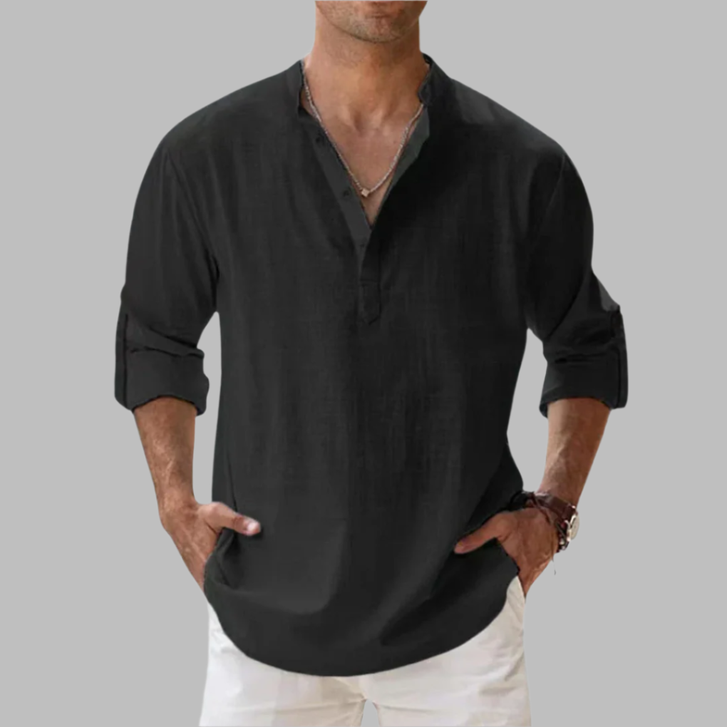 Charly | Men's Linen Blend V-Neck Shirt with Band Collar