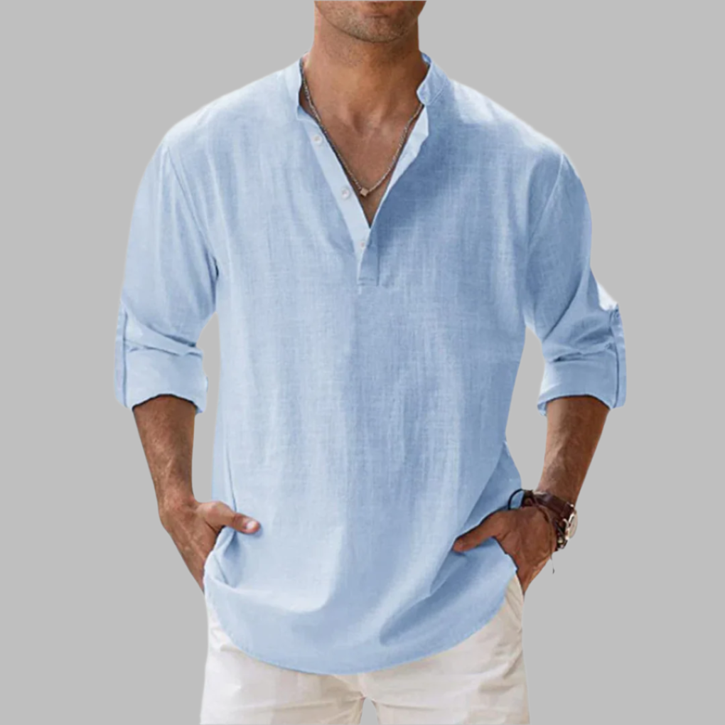 Charly | Men's Linen Blend V-Neck Shirt with Band Collar