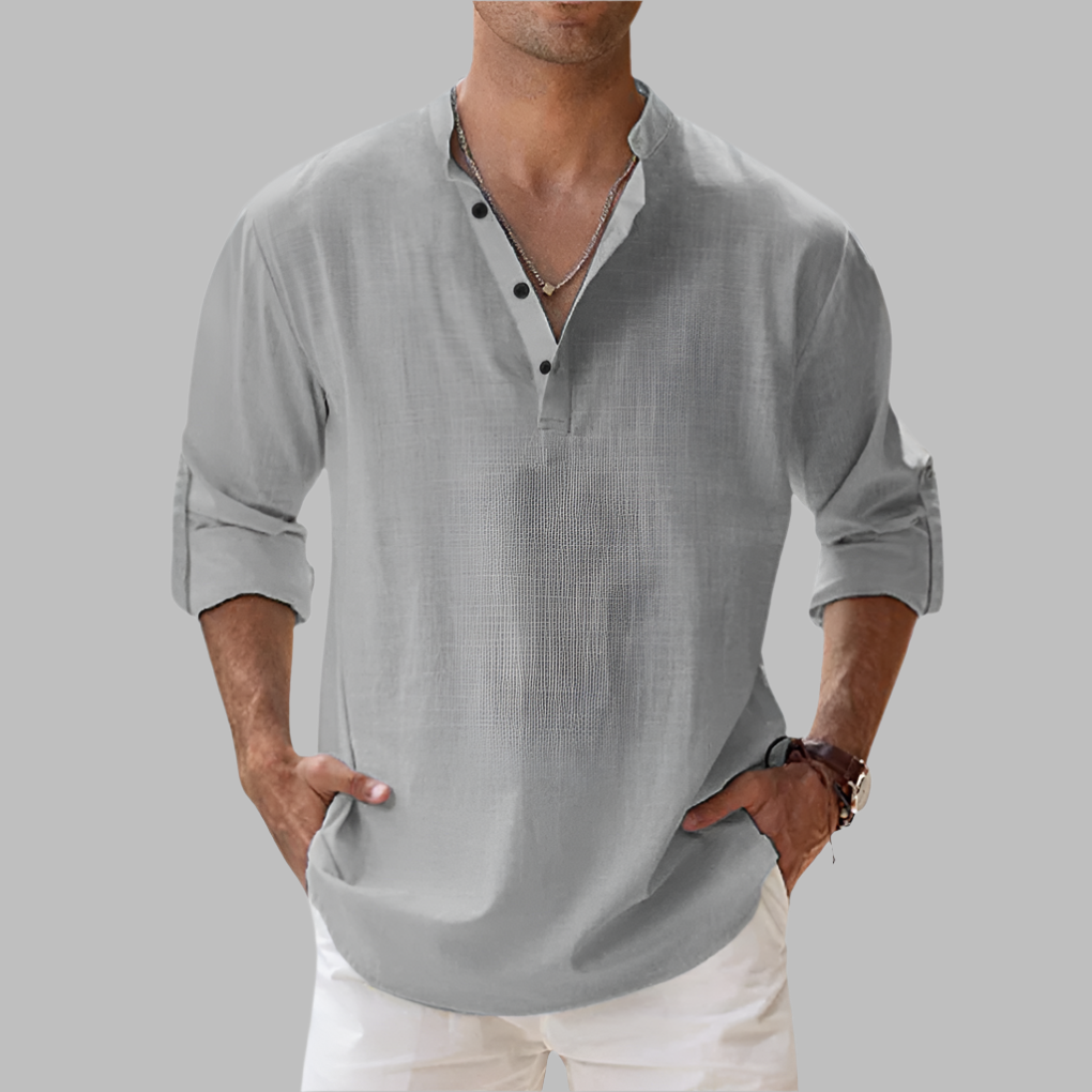 Charly | Men's Linen Blend V-Neck Shirt with Band Collar