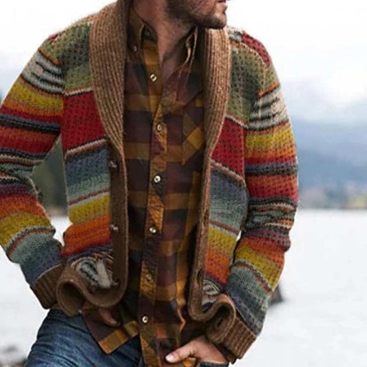 Charly | Men's Shawl Collar Cardigan - Multicolor Striped Knit