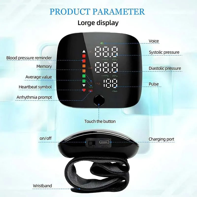 Charly | Smart Wrist Blood Pressure Monitor – Electronic Portable Sphygmomanometer with Voice Alerts