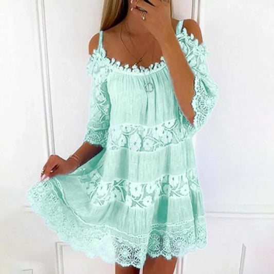 Charly | Women's Cold Shoulder Mini Dress with Lace and Embroidery