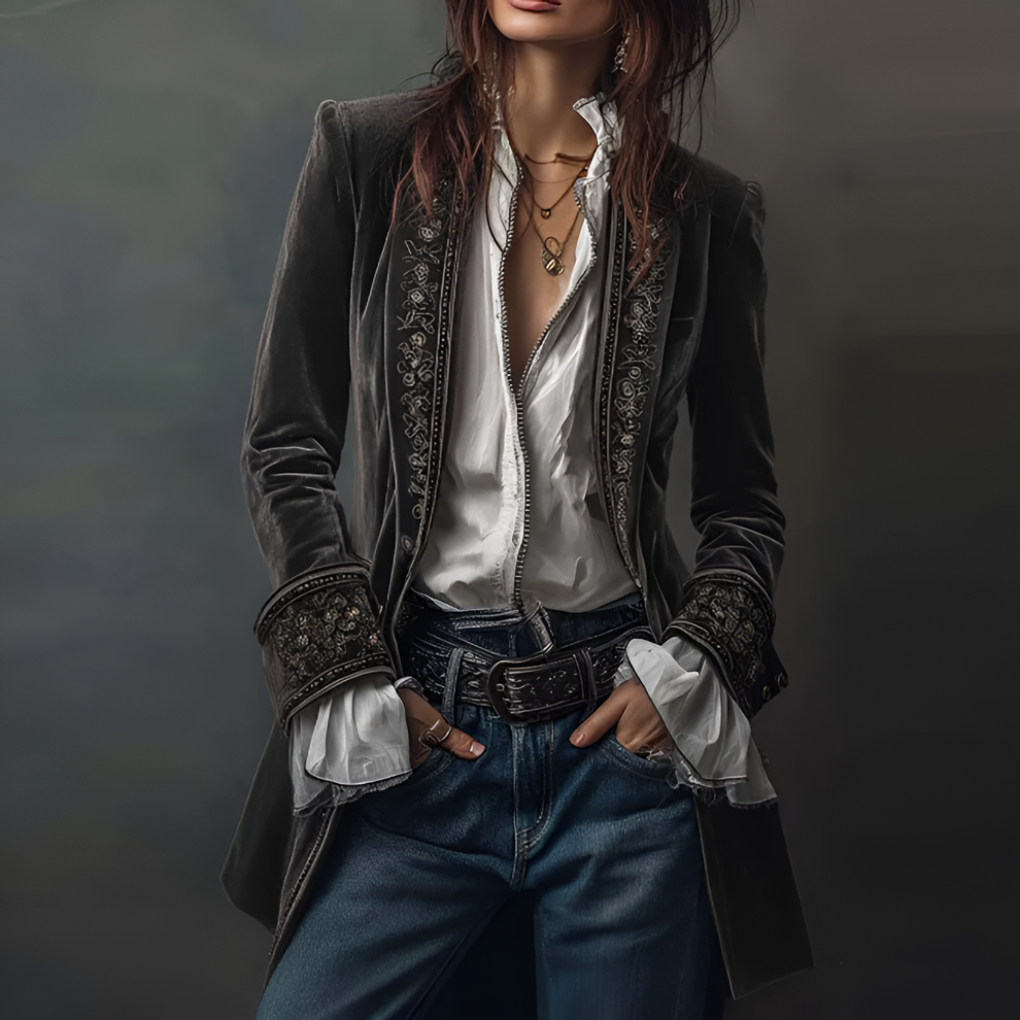 Charly | Women's Embroidered Velvet Longline Blazer