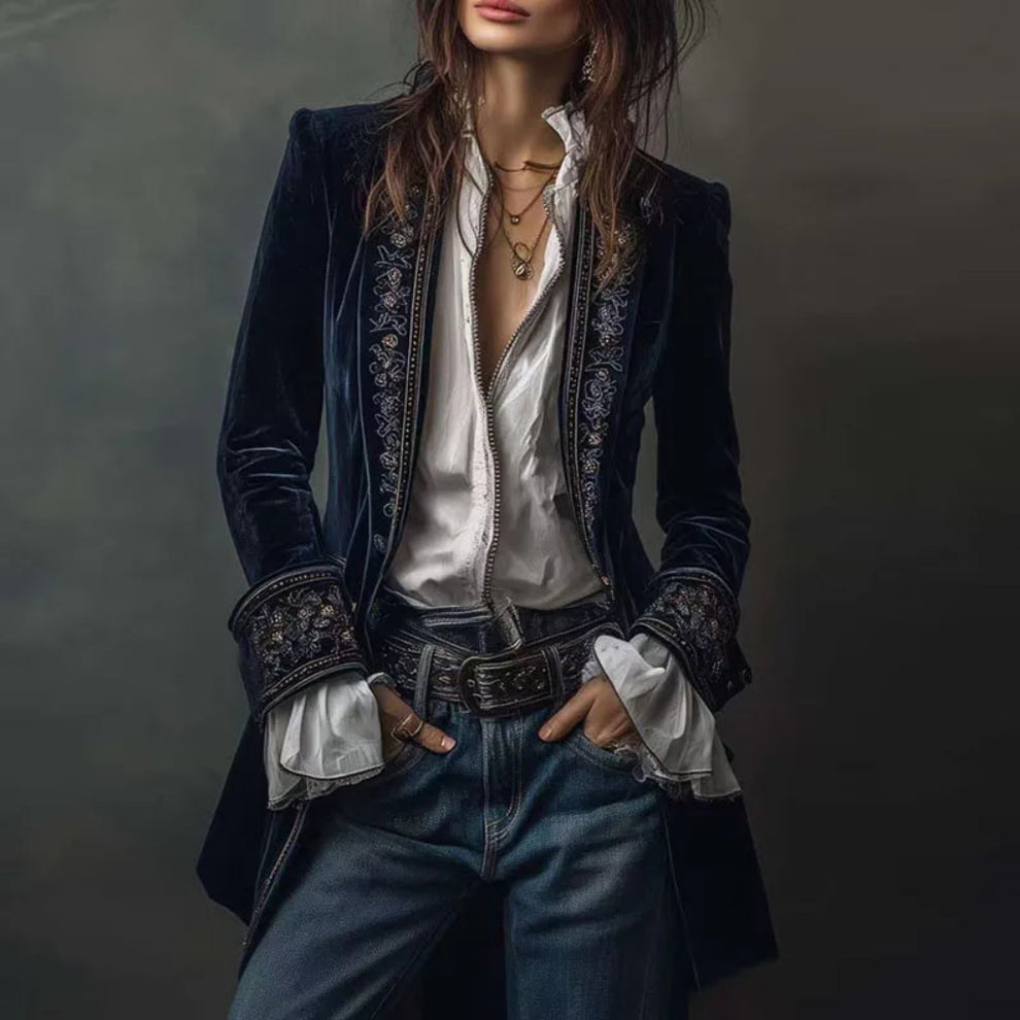 Charly | Women's Embroidered Velvet Longline Blazer