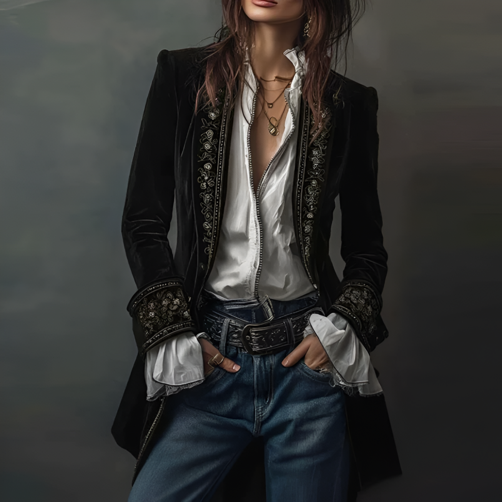 Charly | Women's Embroidered Velvet Longline Blazer