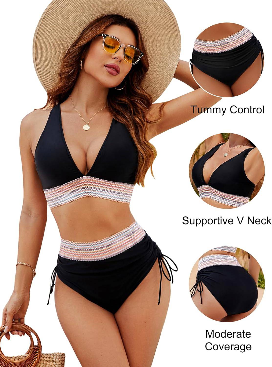 Charly | Women's High-Waisted Bikini with Chevron Trim