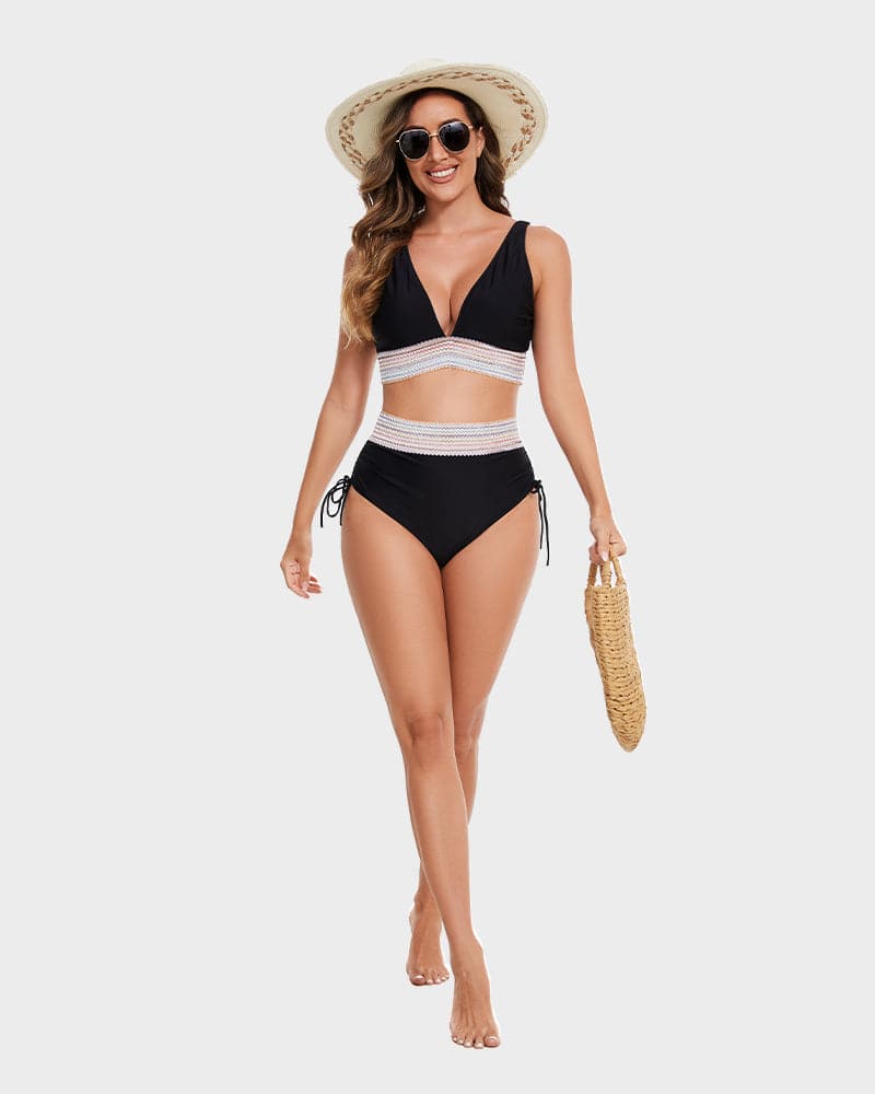 Charly | Women's High-Waisted Bikini with Chevron Trim