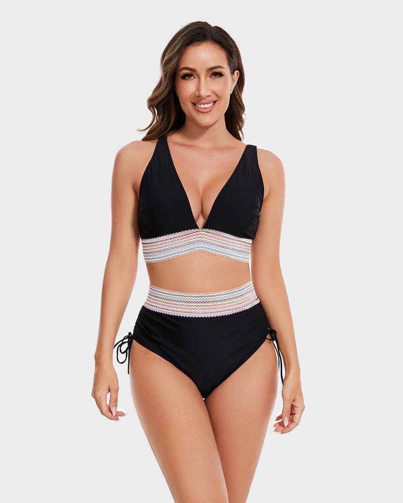Charly | Women's High-Waisted Bikini with Chevron Trim