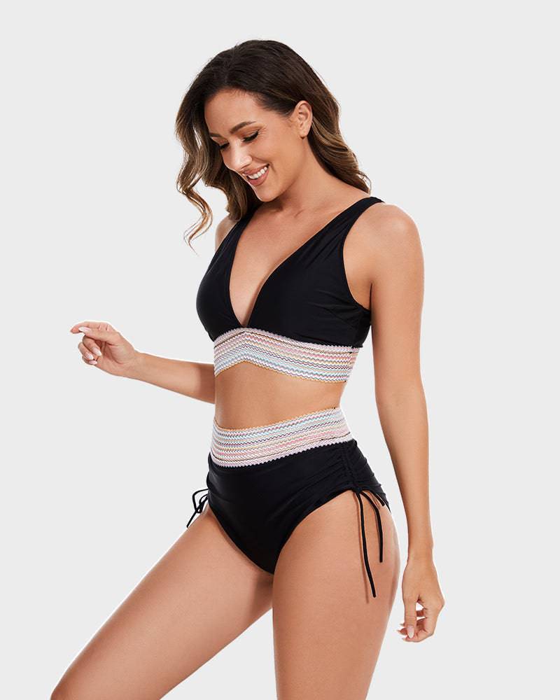 Charly | Women's High-Waisted Bikini with Chevron Trim