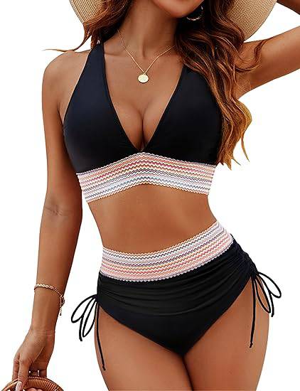 Charly | Women's High-Waisted Bikini with Chevron Trim