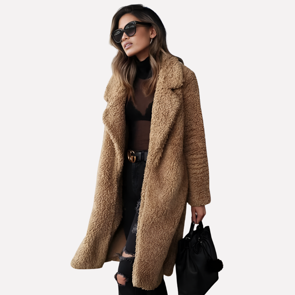 Charly | Women's Long Teddy Coat with Notched Collar