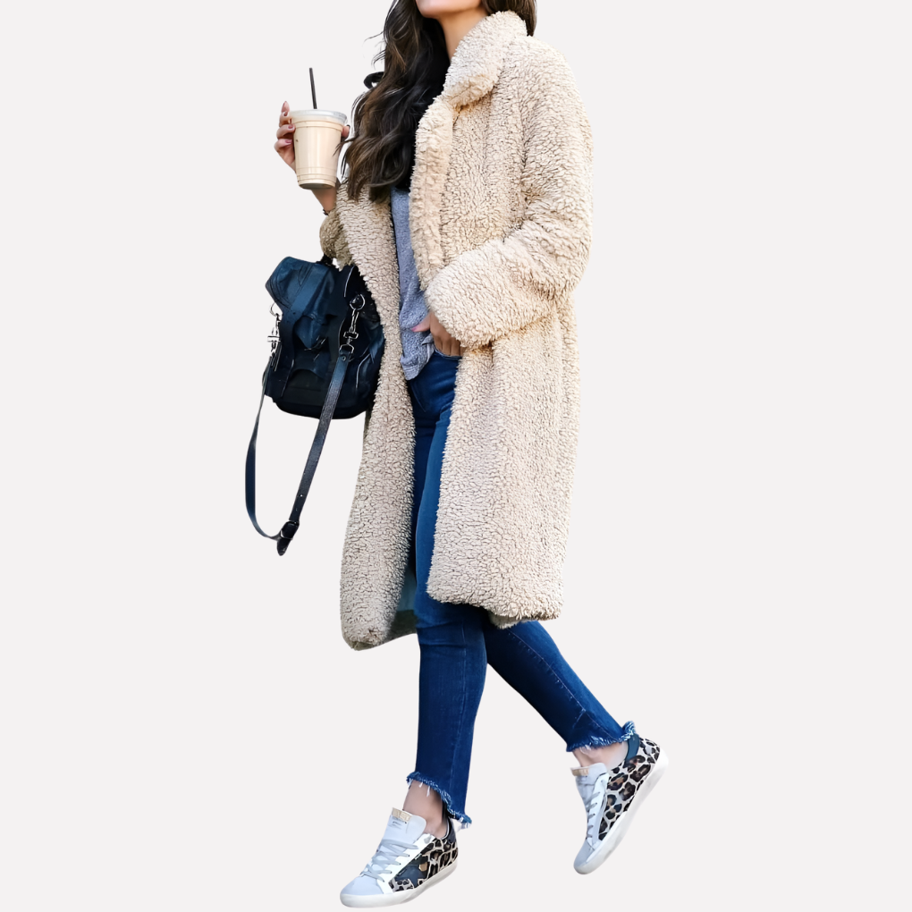 Charly | Women's Long Teddy Coat with Notched Collar