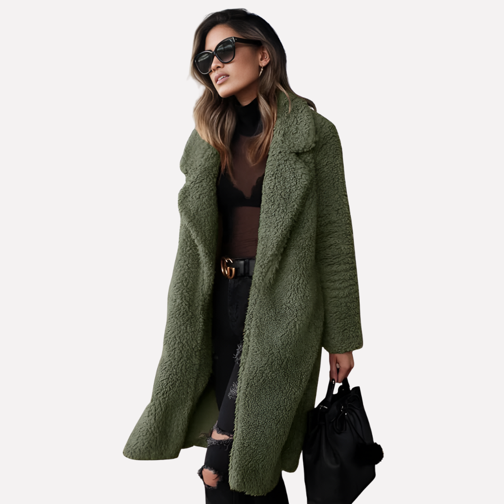 Charly | Women's Long Teddy Coat with Notched Collar