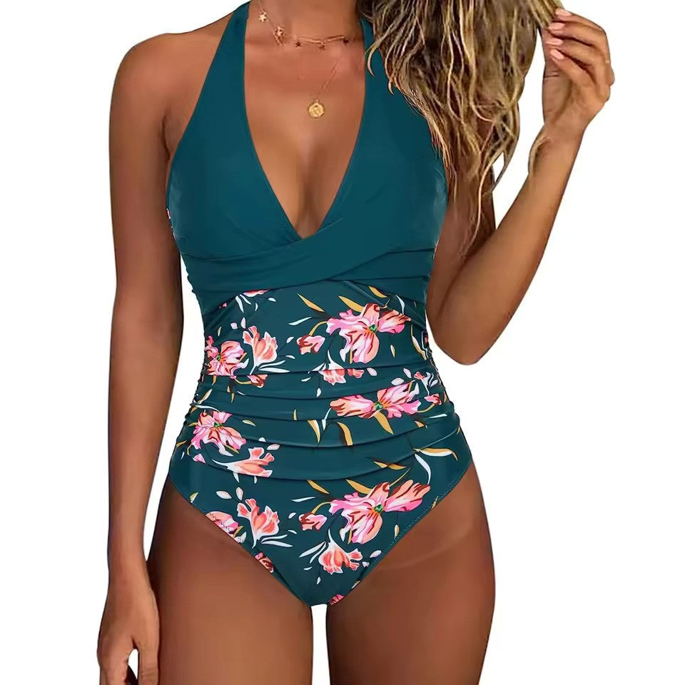 Charly | Women's One-Piece Swimsuit Halter Neck Tropical Print