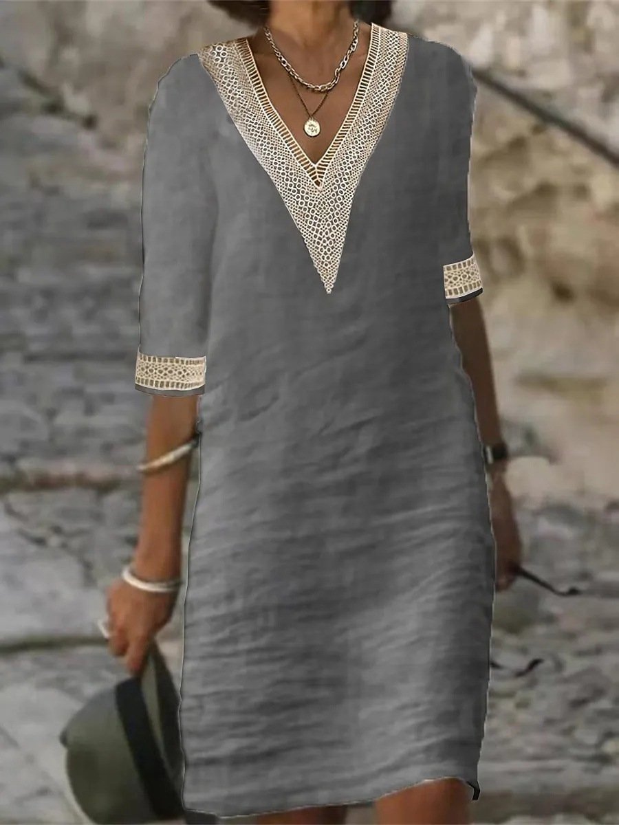 Charly | Women's V-Neck Lace Trim Casual Dress