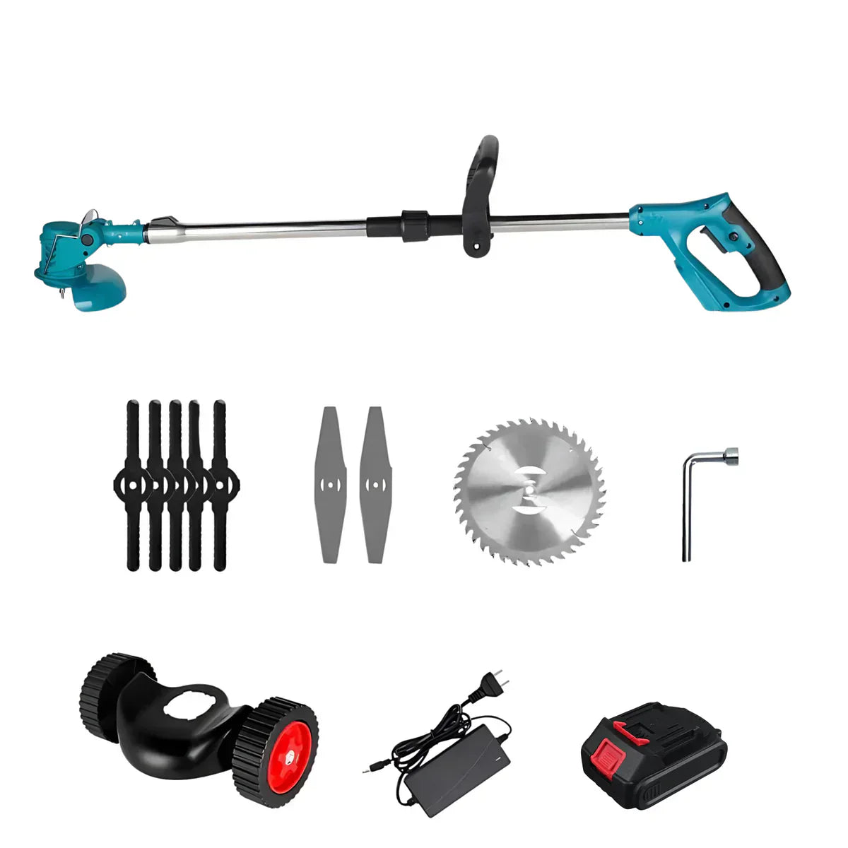 Cordless & Foldable Grass Trimmer 36V – Adjustable Height, Wheels & 3 Blade Types