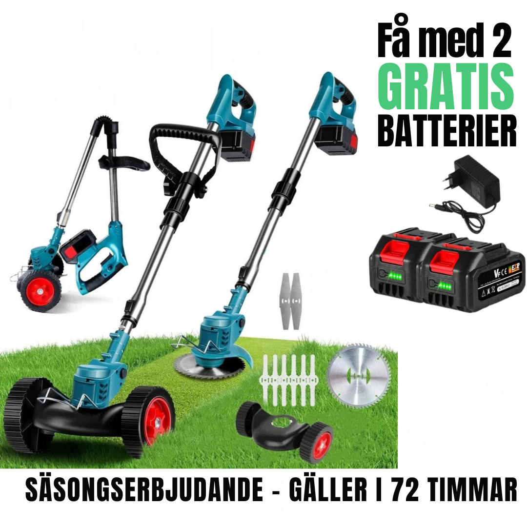 Cordless & Foldable Grass Trimmer 36V – Adjustable Height, Wheels & 3 Blade Types