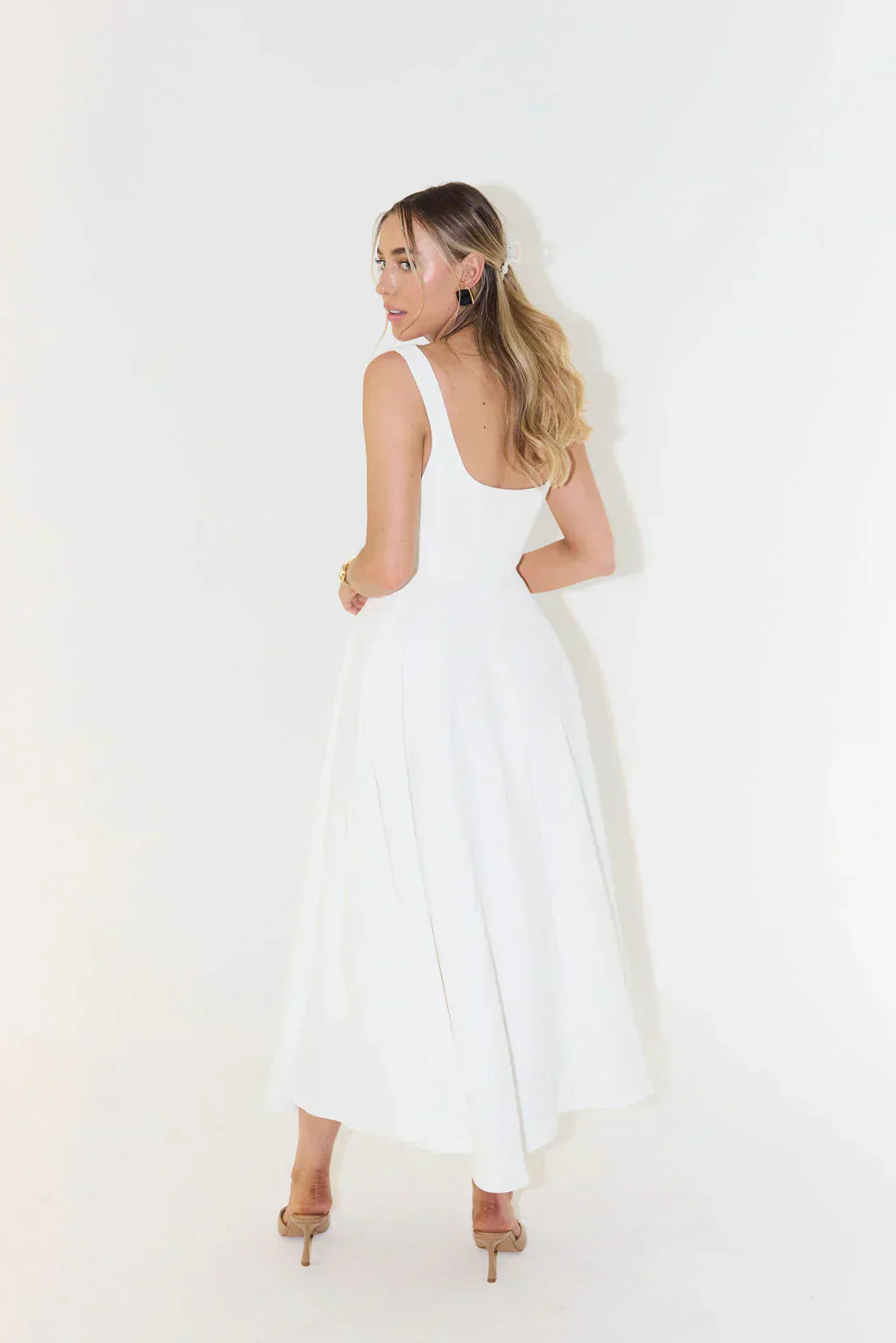 Midi Dress with High Waist and Square Neckline