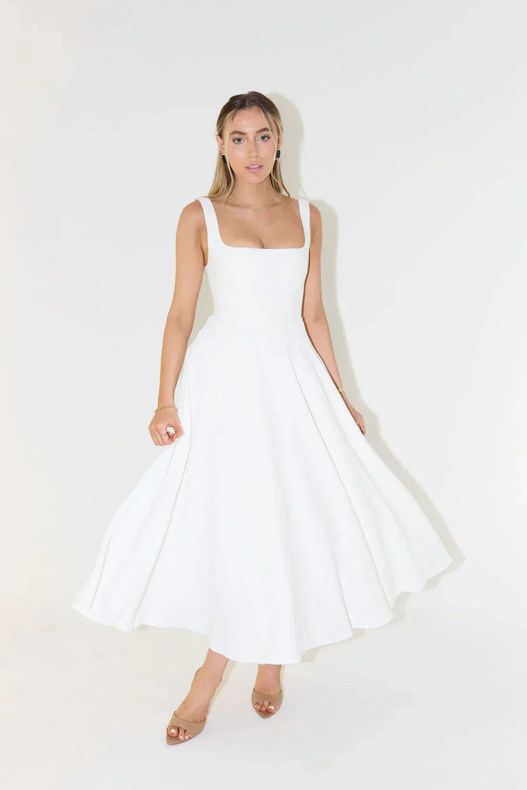 Midi Dress with High Waist and Square Neckline