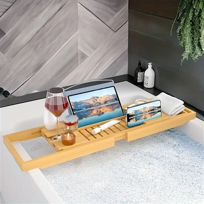 Solavera Bamboo Relax Tray | Extendable Bathtub Tray | Sustainable & Elegant | With Glass & Book Holder for Spa Enjoyment at Home