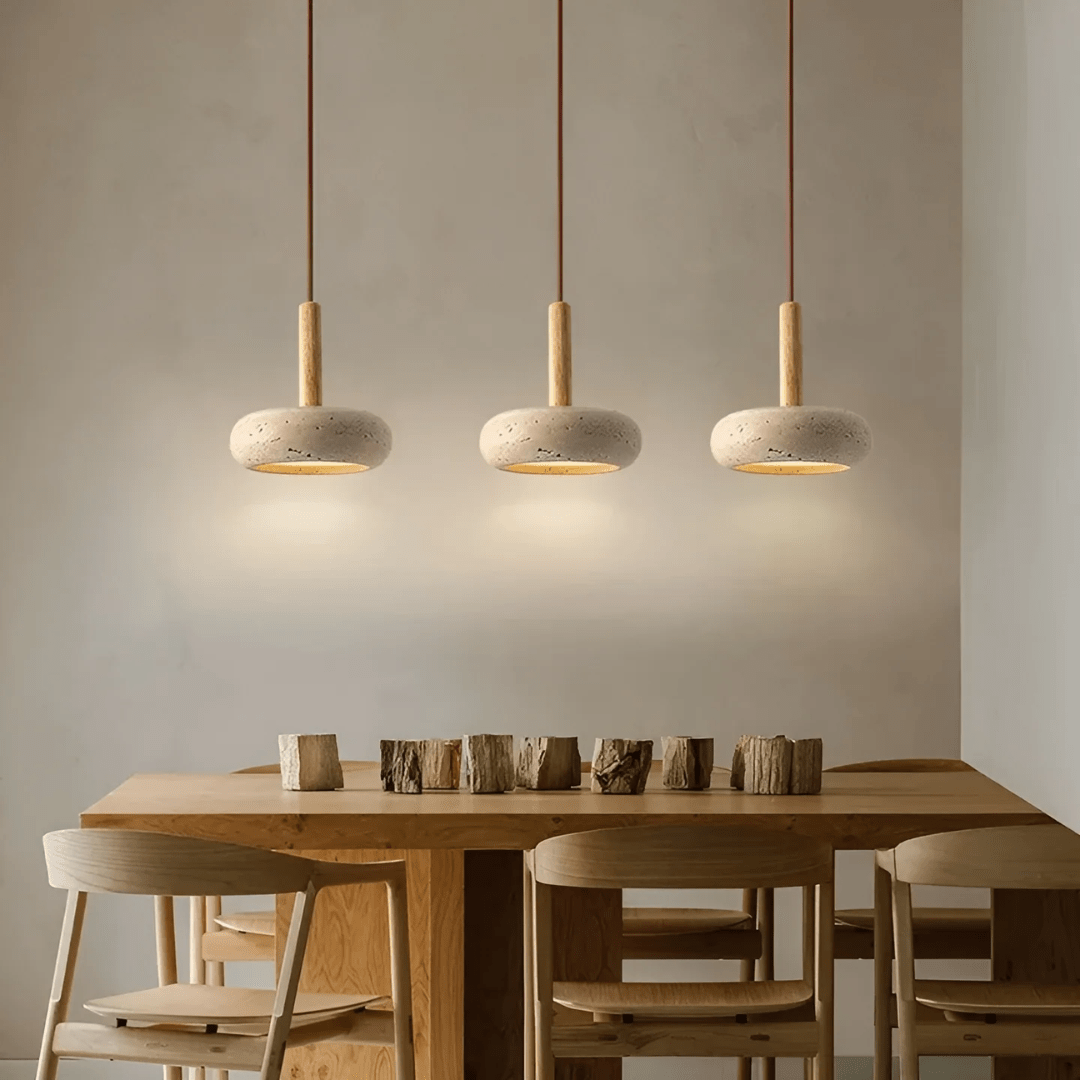 TRANQUILHALO – Retro LED ceiling light made of wood and stone for a calm atmosphere