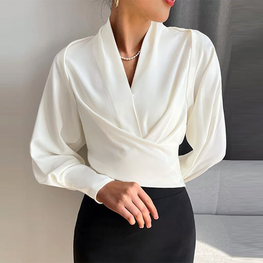 Vesper - V-neck wrap top with long puffed sleeves and cuffs