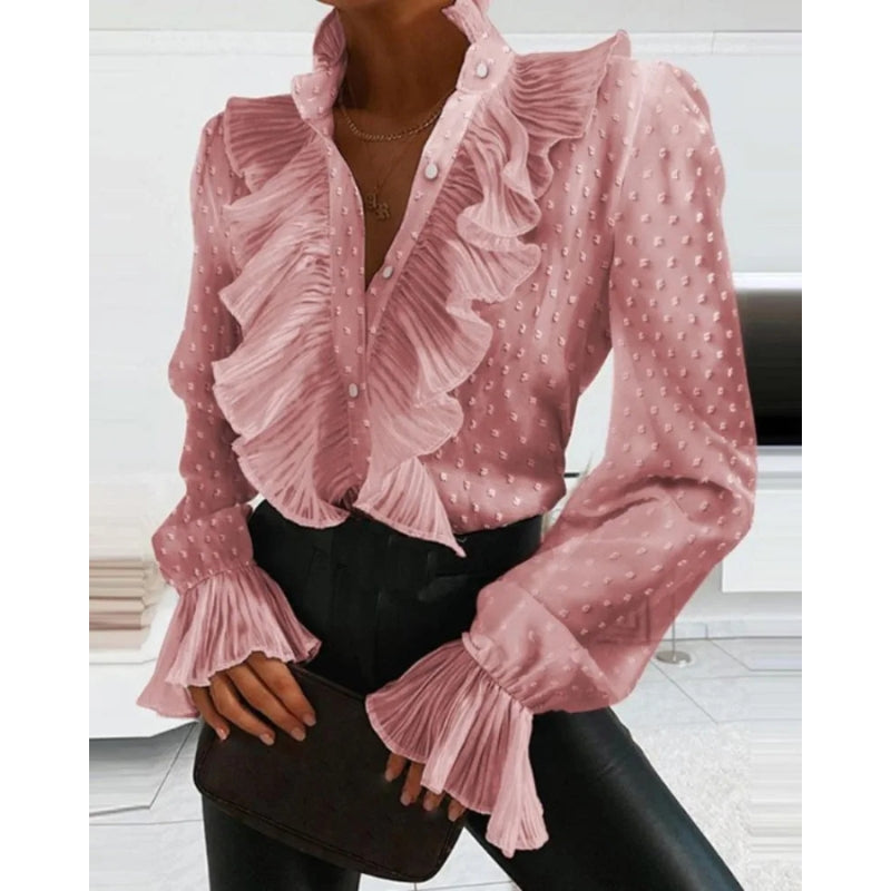 Women's Long Sleeve Blouse with Deep V-Neck and Button Closure