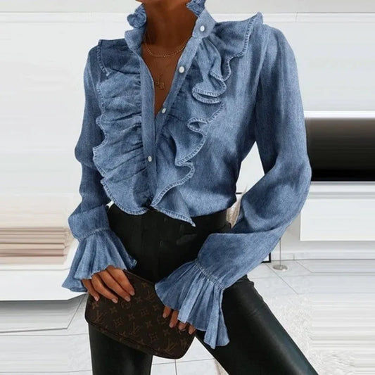 Women's Long Sleeve Blouse with Deep V-Neck and Button Closure