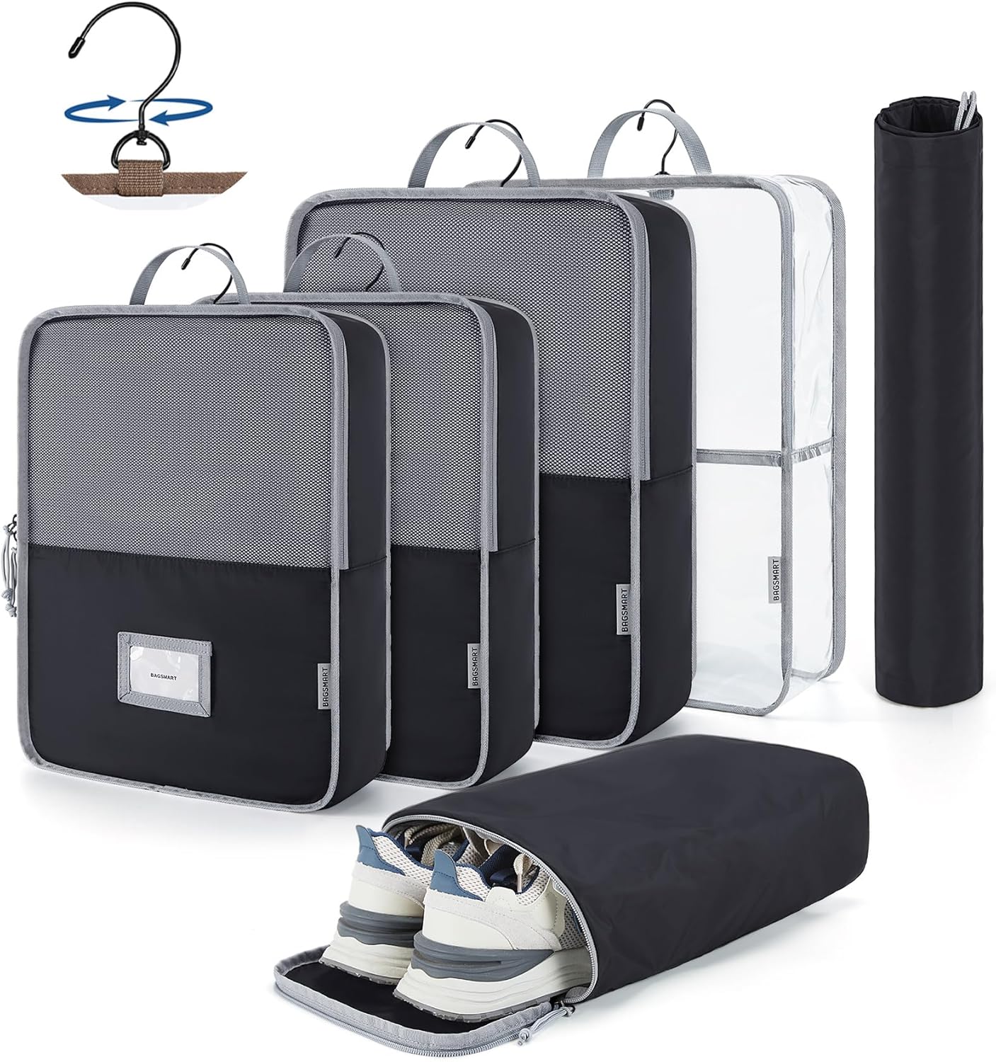 BAGSMART Hanging Packing Cubes for Travel, 6 Set Clear Waterproof Packing Cubes for Suitcases, Storage Organizer for Hanging Closet with Zipper, Handles and Hook Black