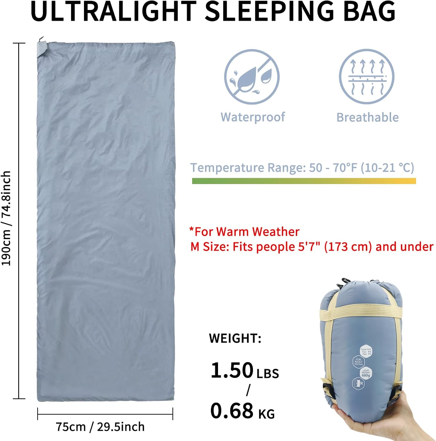 NewDoar Ultralight Backpacking Sleeping Bag - 50-70°F, 1.5lbs, Waterproof & Machine Washable, 2-Way Zipper for Teens,Couples,Women,Men Compact for Hiking/Camping (M/L Sizes) - Image 3